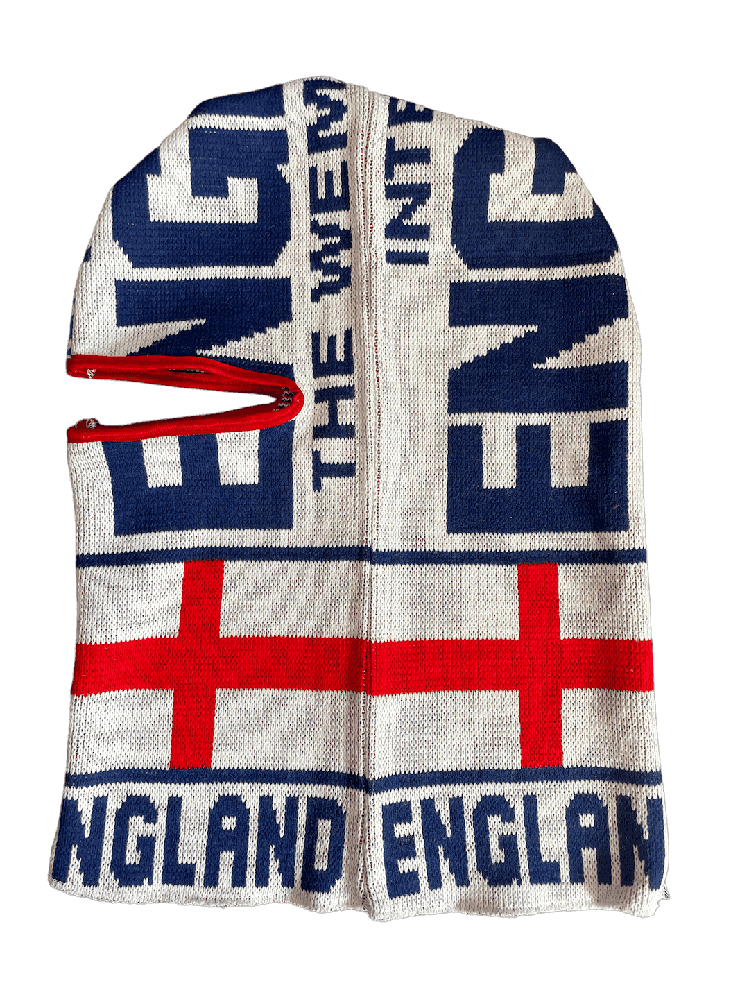 Left side of the balaclava, showing England flag and text