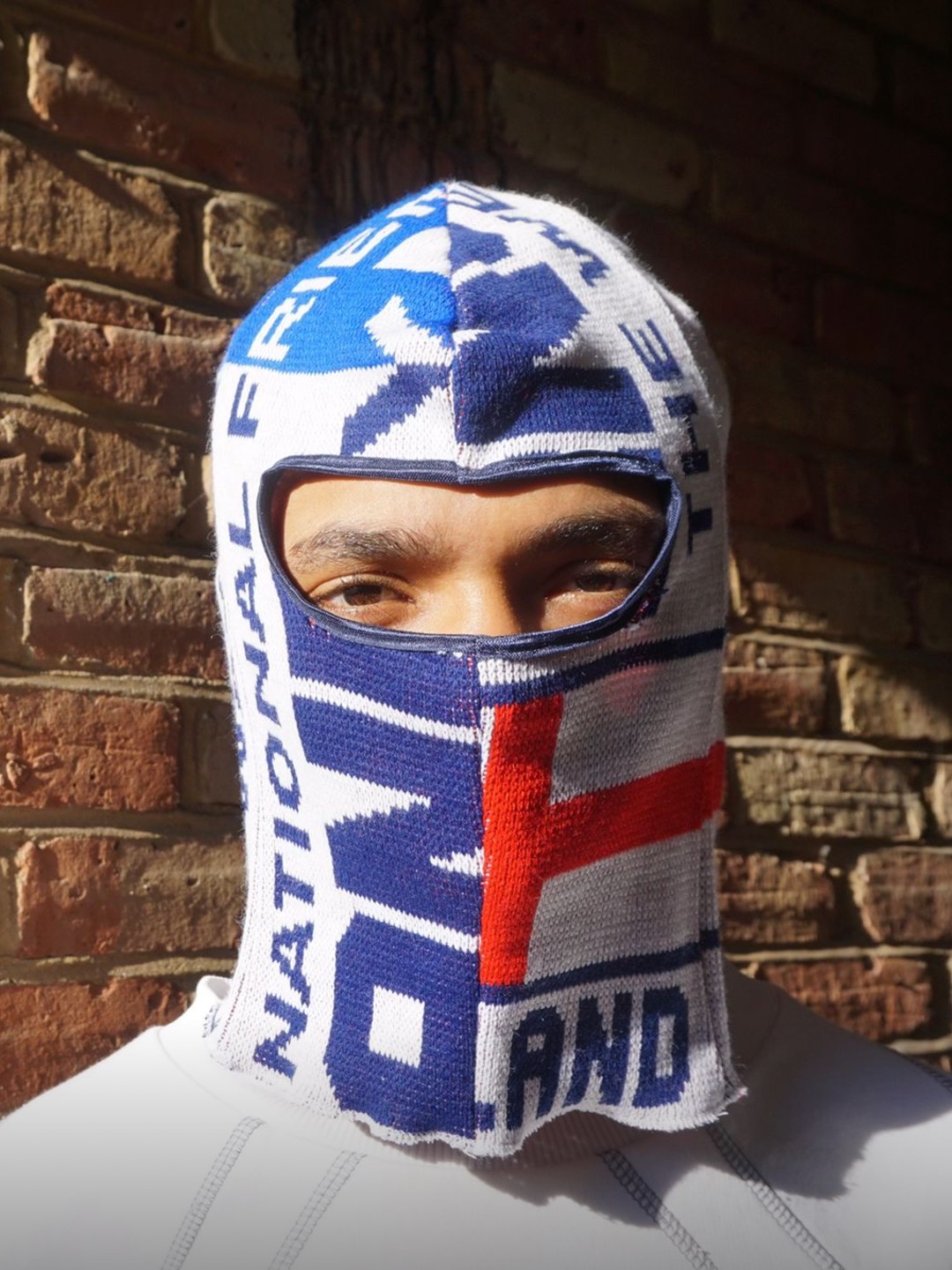 Front view of model wearing the balaclava